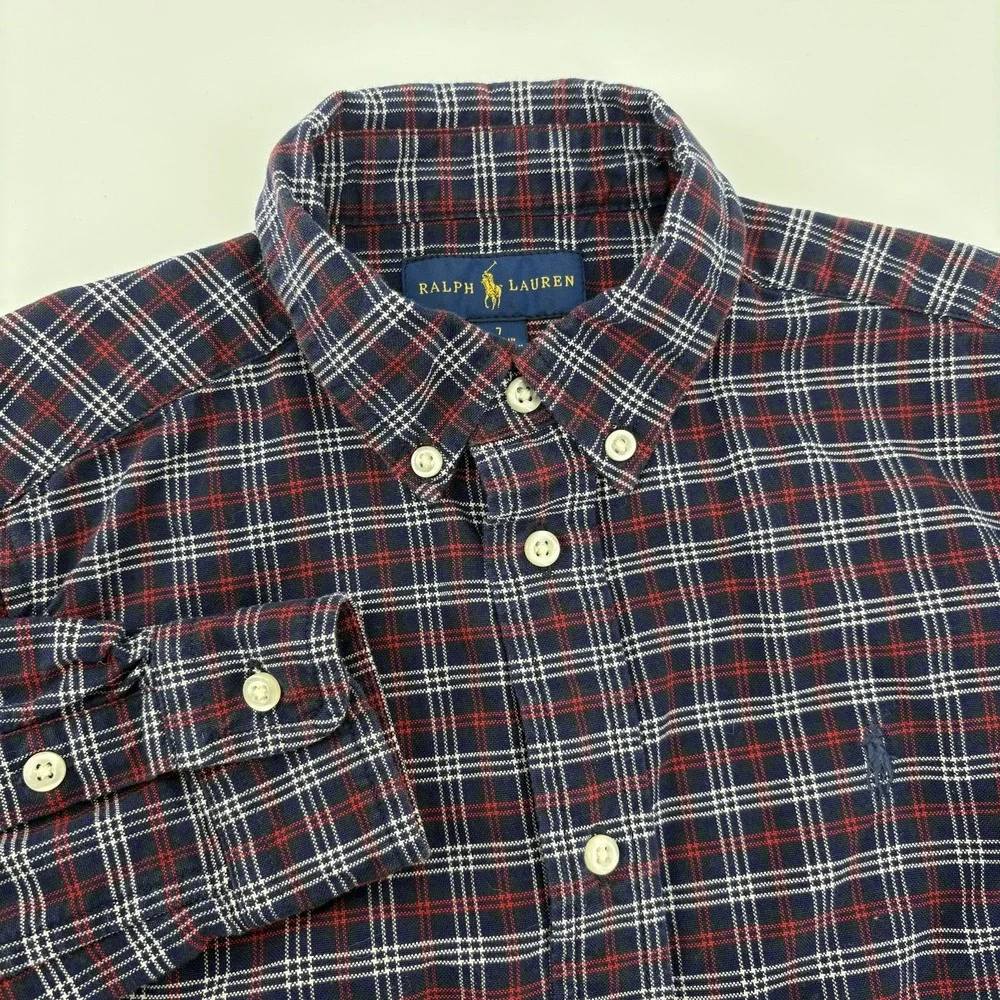 Youth Polo Ralph Lauren LS Navy, Red, White Plaid Button Up Shirt‎ Size 7